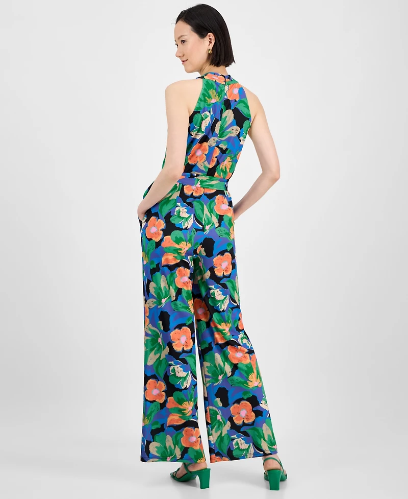 Tahari Petite Floral-Print Tie-Belt Crossover-Neck Jumpsuit