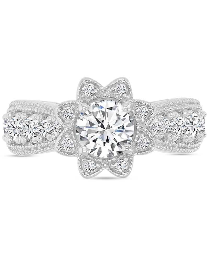 Cubic Zirconia Star Halo Milgrain Bead Ring Sterling Silver