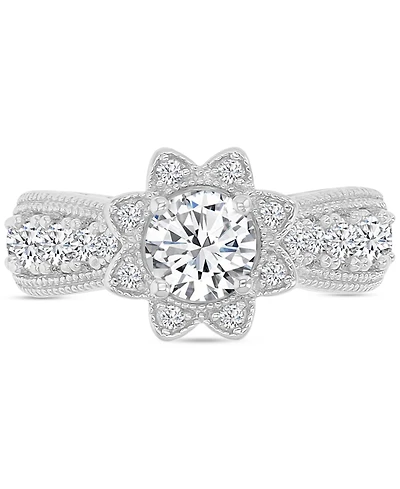 Cubic Zirconia Star Halo Milgrain Bead Ring Sterling Silver