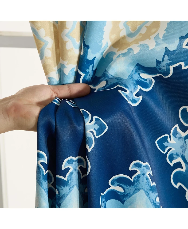 Hlc.me Liam Ogee Ikatt Damask Patterned Window Grommet Curtains Bedroom - Light Blocking Darkening Window Panels, Set of 2 (Navy Blue, 52 W x 96 L