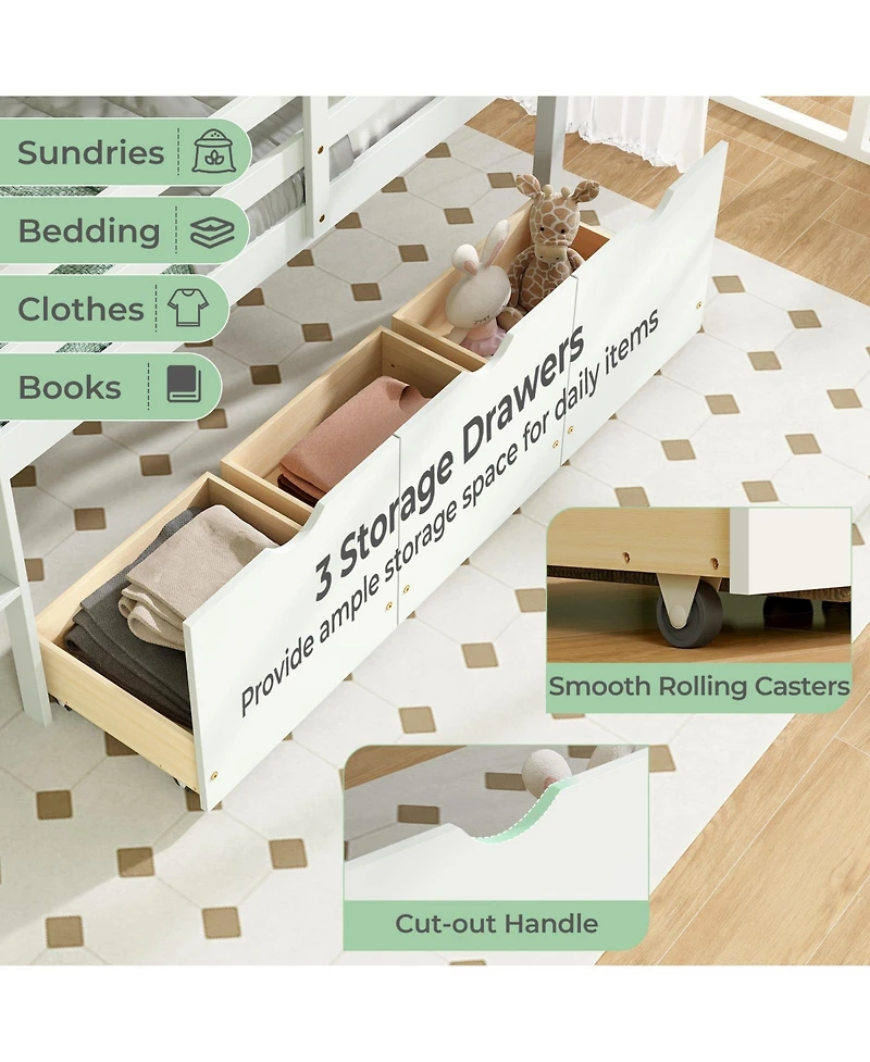 Twin Size Low Loft Bed with 3 Drawers with Ladder and Full-length Guardrails