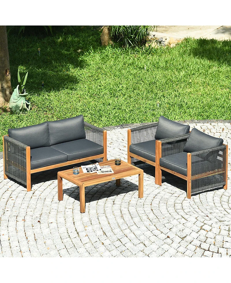 Gymax 4PCS Patio Furniture Set Acacia Wood Outdoor Sofa W/Nylon Rope Armrest Cushions