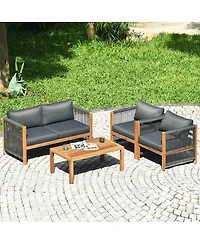 Gymax 4PCS Patio Furniture Set Acacia Wood Outdoor Sofa W/Nylon Rope Armrest Cushions