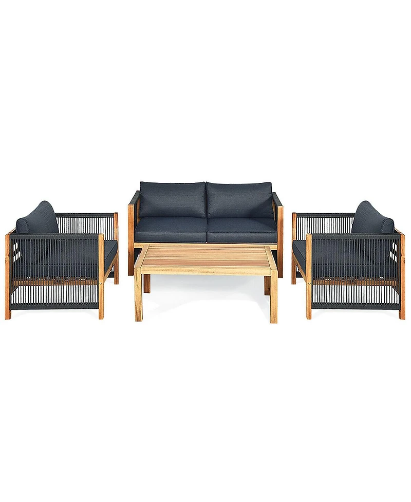 Gymax 8PCS Patio Furniture Set Acacia Wood Outdoor Sofa W/Nylon Rope Armrest Cushions