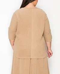 Coin 1804 Plus Size Textured Rib Button Shoulder 3/4 Sleeve Top