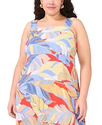 Vince Camuto Plus Tropical-Print Square-Neck Smocked-Back Sleeveless Maxi Dress