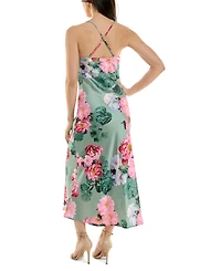 Katia Rae Juniors' Floral Satin Twist-Front Cutout Dress