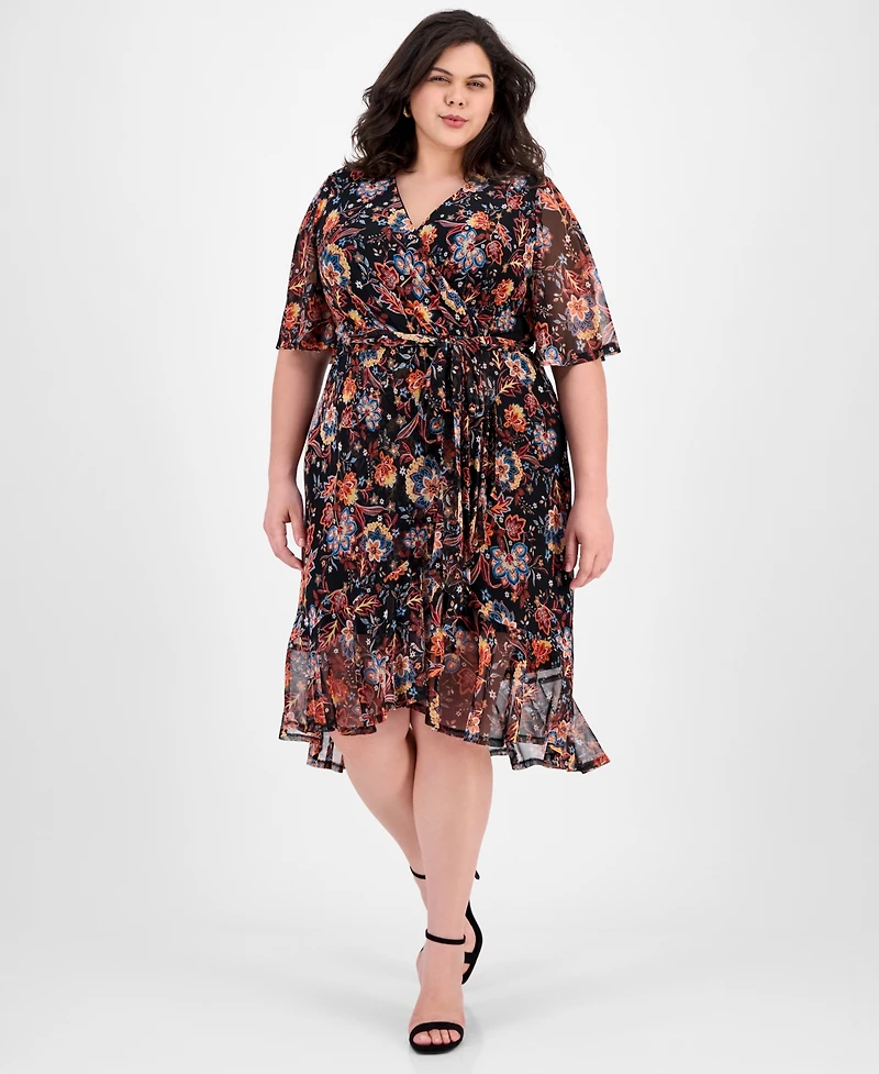 Connected Plus Printed Mesh High-Low Faux-Wrap Dress