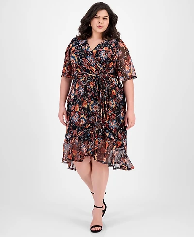 Connected Plus Printed Mesh High-Low Faux-Wrap Dress