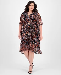 Connected Plus Printed Mesh High-Low Faux-Wrap Dress