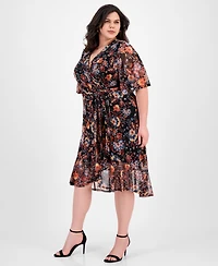 Connected Plus Printed Mesh High-Low Faux-Wrap Dress