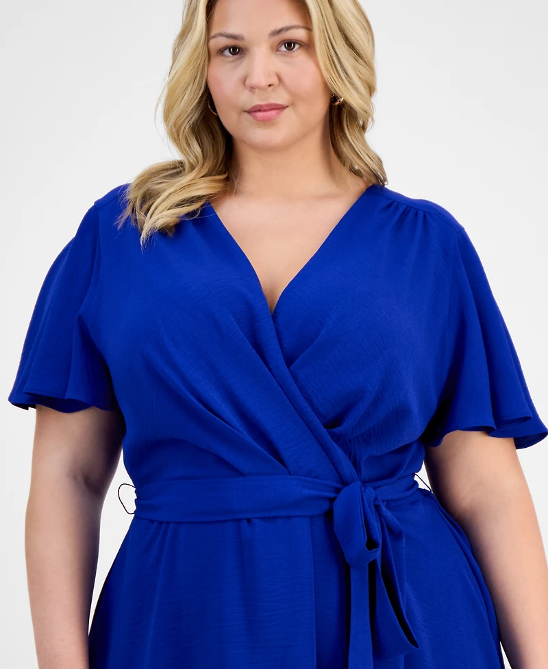 Connected Plus Size Tie-Waist Flutter-Sleeve Midi Dress