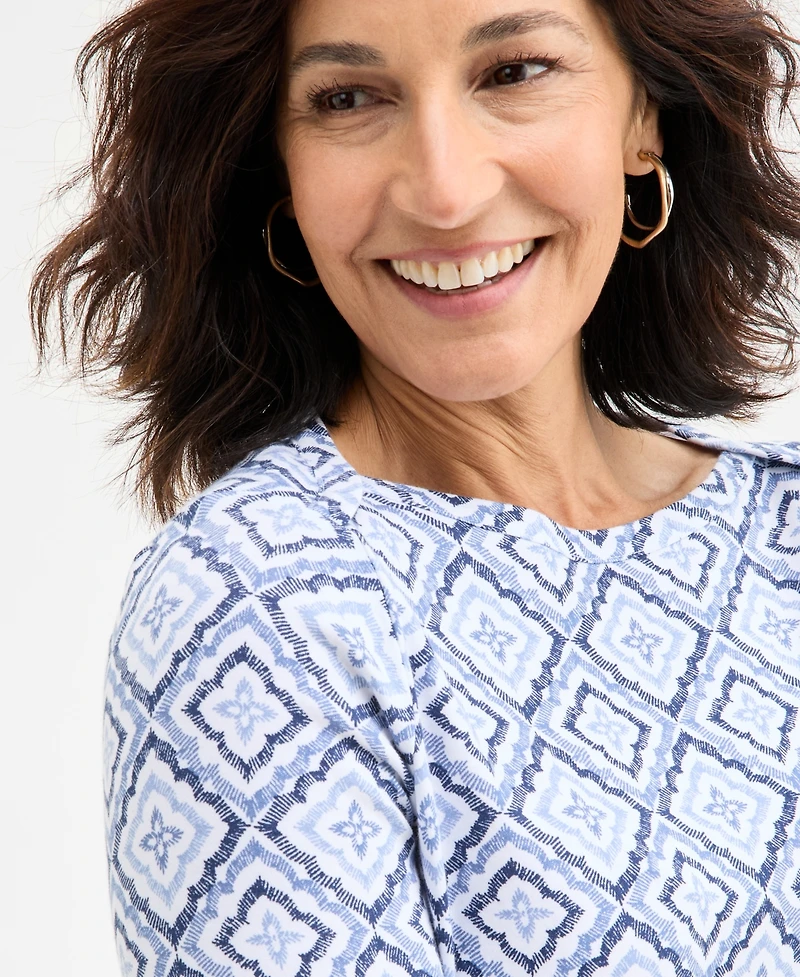 Style & Co Women's Printed Cotton 3/4-Sleeve Top, Exclusively at Macy's