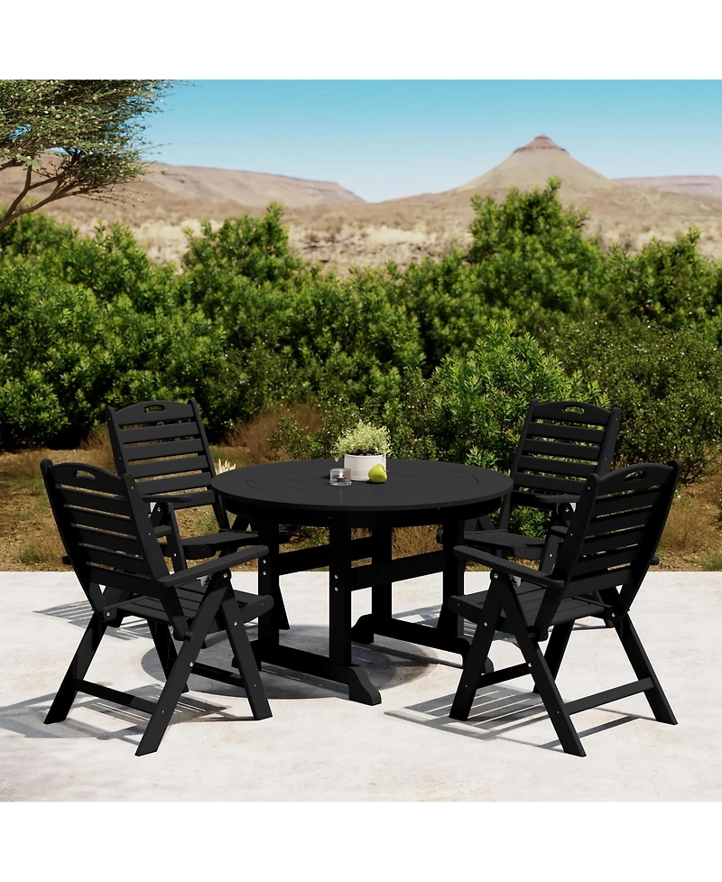 5-Piece Hdpe Round Patio Dining Table Set with Foldable Chairs