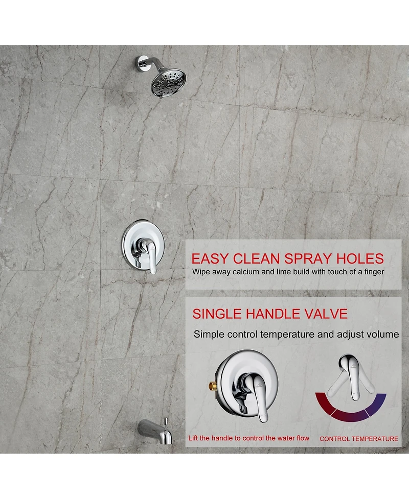 Bathtub Faucet Set, Shower System with Tub Spout 4.84 Inch 3-Spray Bathroom Shower Head, Single-Handle Shower Valve and Trim Kit, Chrome