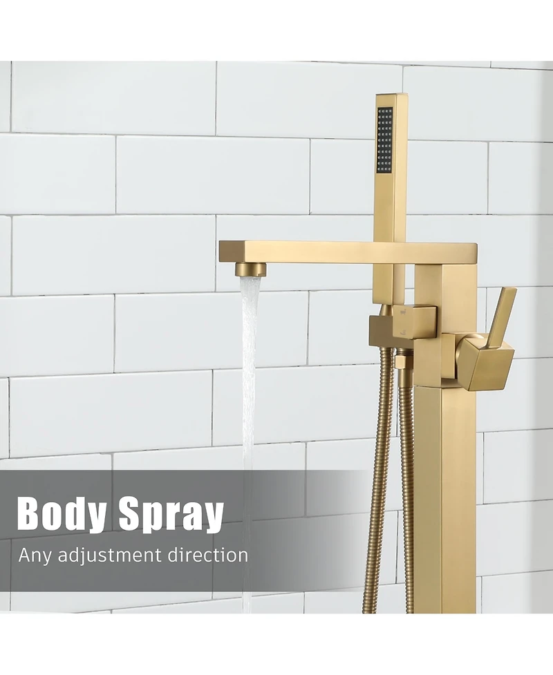 Freestanding Bathtub Faucet Tub Filler Free Standing Floor Mount Brass Bathroom Tub Faucets with 2 Function Hand Shower Wand Swivel, Brushed Gold