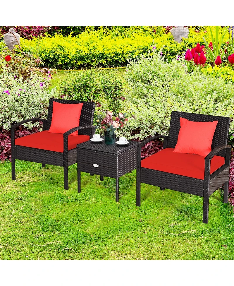 Gymax 3 Piece Outdoor Rattan Conversation Furniture Set w/ Cushion & Storage Table