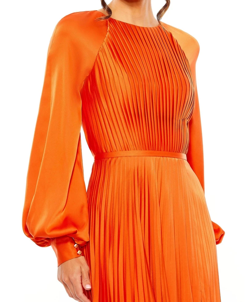 Mac Duggal Women's Pleated High Neck Raglan Long Sleeve Side Slit Gown