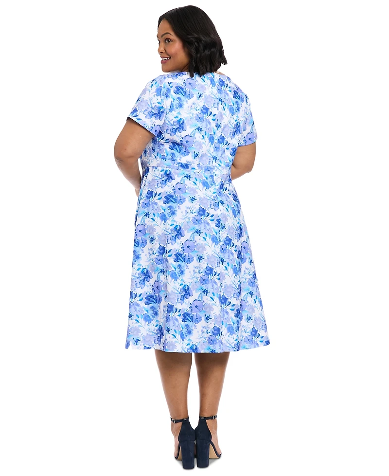 London Times Plus Size Floral-Print Bow Fit & Flare Dress