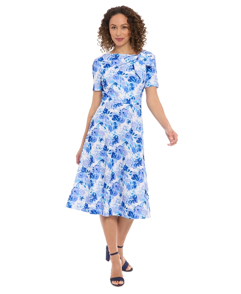 London Times Petite Floral-Print Bow-Neck Midi Dress