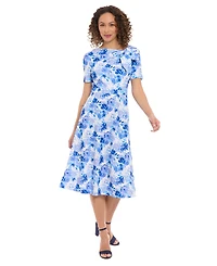 London Times Petite Floral-Print Bow-Neck Midi Dress