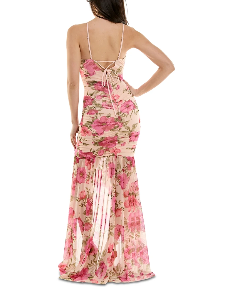 Juniors' Printed Ruched High-Low Ruffled Gown, Created for Macy's