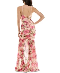 Juniors' Printed Ruched High-Low Ruffled Gown, Created for Macy's