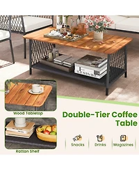 Gymax Set of 4 Furniture Set w/2-Tier Coffee Table Acacia Wood Armrests Tabletop