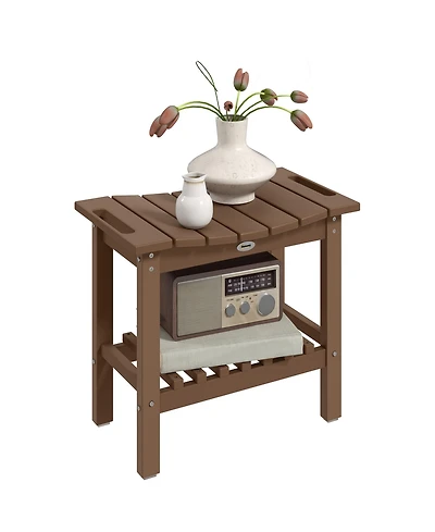 Outsunny 2-Tier Outdoor Side Table, Shower Bench with Handles