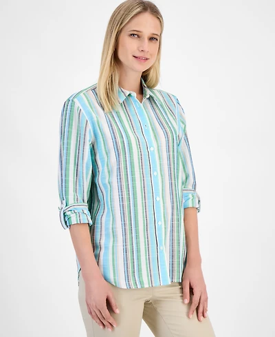 Nautica Jeans Women's Striped Roll-Tab Button Shirt