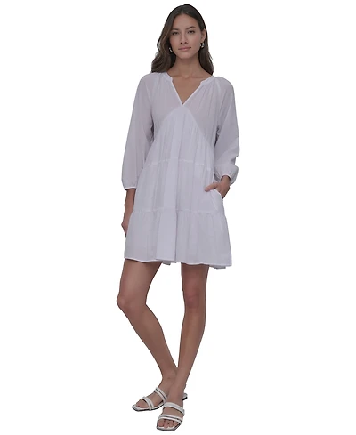 Dkny Jeans Women's Cotton Split-Neck Tiered Dress - WHT