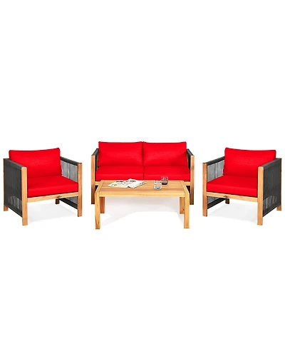 Gymax 4PCS Patio Outdoor Furniture Conversation Set Acacia Wood W/ Cushions