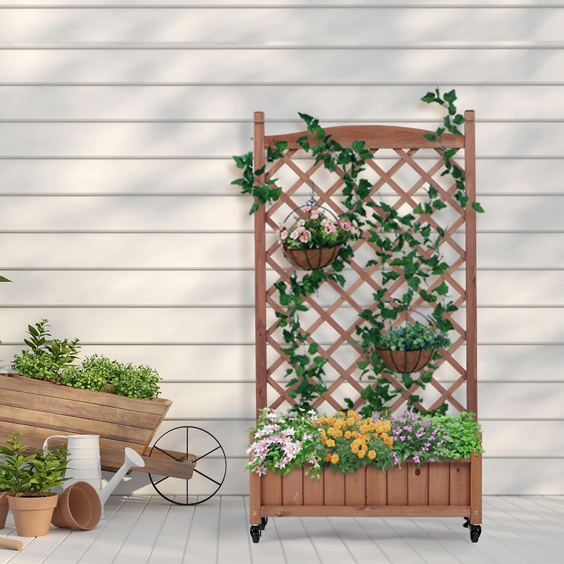 Outdoor Patio Wood Raised Garden Bed Planter Box with Trellis, Wheels, Brown, Set of 2