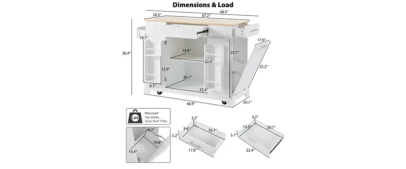 White Mdf Wood Kitchen Cart with Single Door Cabinet and Four Casters
