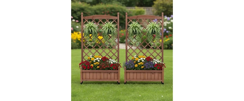 Outdoor Patio Wood Raised Garden Bed Planter Box with Trellis, Wheels, Brown, Set of 2