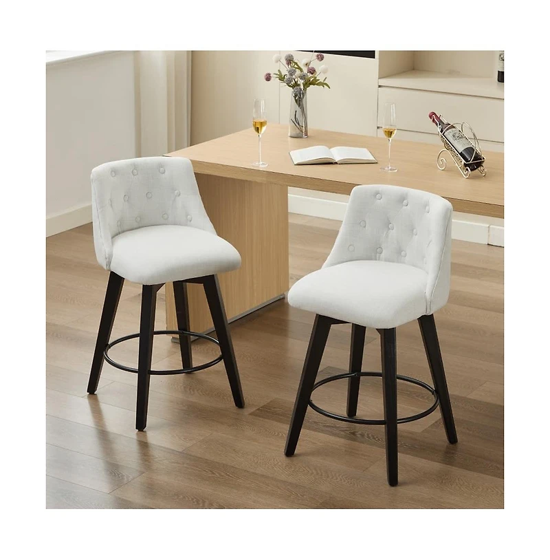 Set of 2 Swivel 25'' Counter Height Stools, Linen Upholstered Kitchen Island Chairs with Tufted Back -The Pop Home