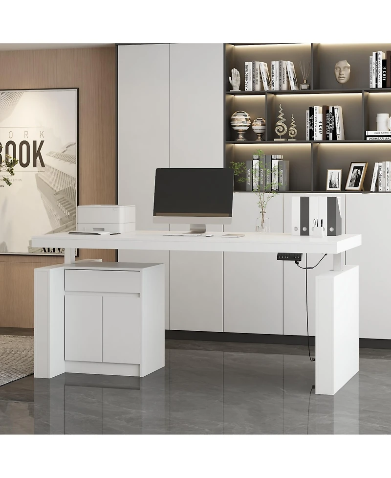Famapy L-Shaped in. W Adjustable Height Desk Ergonomic Stand-up Desk White Home Office Sit with Memory Preset Controller