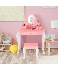 Kids Vanity Princess Makeup Dressing Table Stool Set with Mirror and Drawer