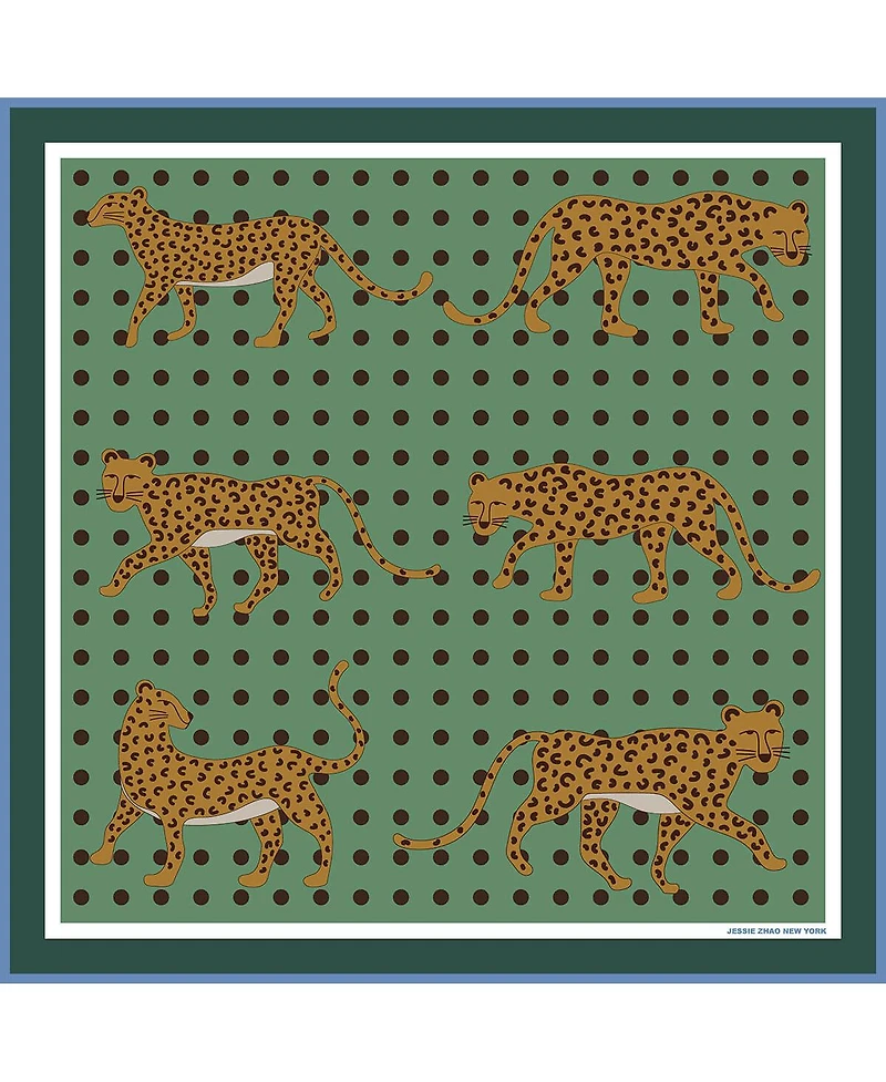 Jessie Zhao New York Double Sided Wool Silk Scarf Of Blue Leopards Garden