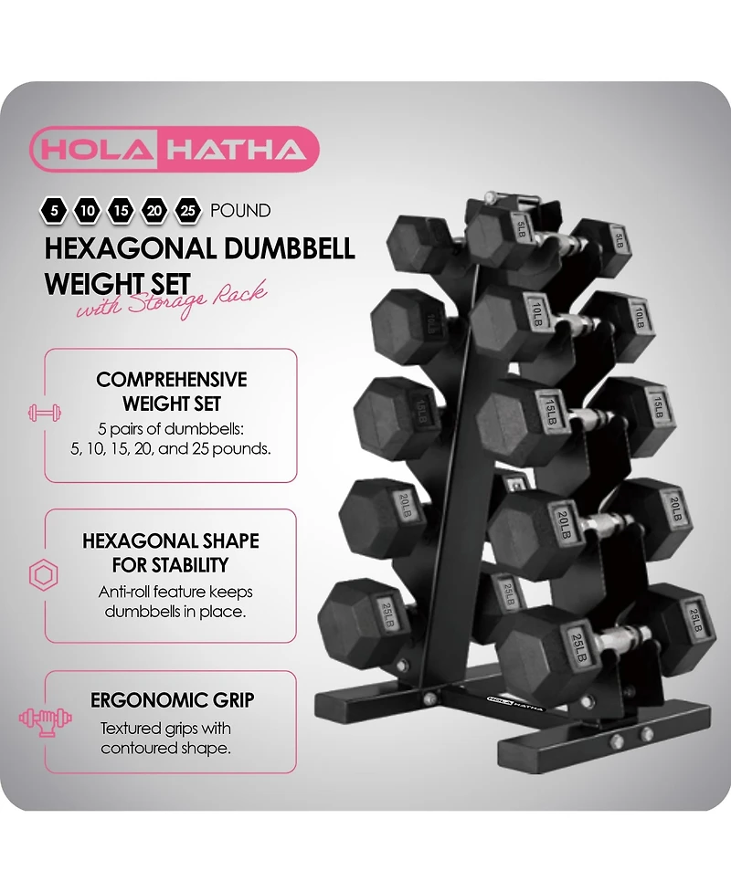HolaHatha 5, 10, 15, 20 & 25 Pound Hexagonal Dumbbell Weight Set w/Rack, Black