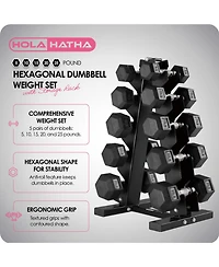 HolaHatha 5, 10, 15, 20 & 25 Pound Hexagonal Dumbbell Weight Set w/Rack, Black