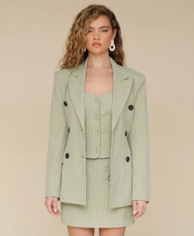 Avec Les Filles Womens Double Breasted Belted Gingham Blazer Bow Trim Sweetheart Neck Gingham Top Bow Trim Gingham Mini Skirt
