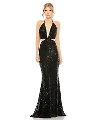 Mac Duggal Women's Cut Out Halter Tie Back Sequin Gown