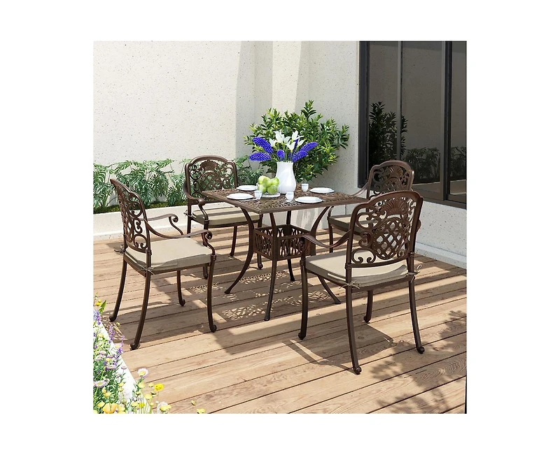 Piece Cast Aluminum Outdoor Patio Dining Set with Brown Cushions