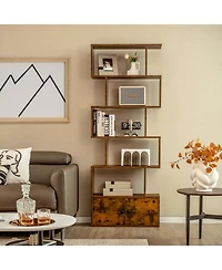 6-Tier S-Shaped Freestanding Bookshelf with Cabinet and Doors