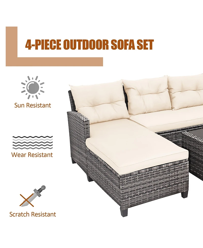 Gymax 4 Piece Rattan Outdoor Conversation Sectional Sofa Set Patio Furniture Set w/ Cushions