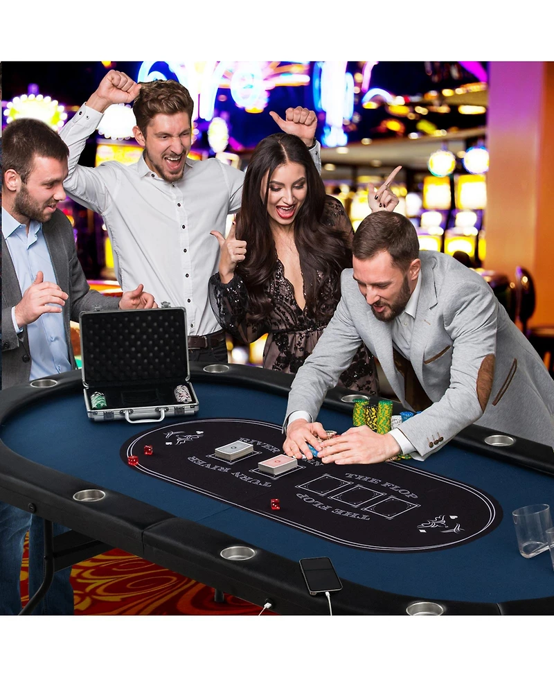 Foldable 10-Player Poker Table with Led Lights and Usb Ports Ideal for Texas Casino