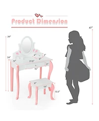 Kids Vanity Princess Makeup Dressing Table Stool Set with Mirror and Drawer