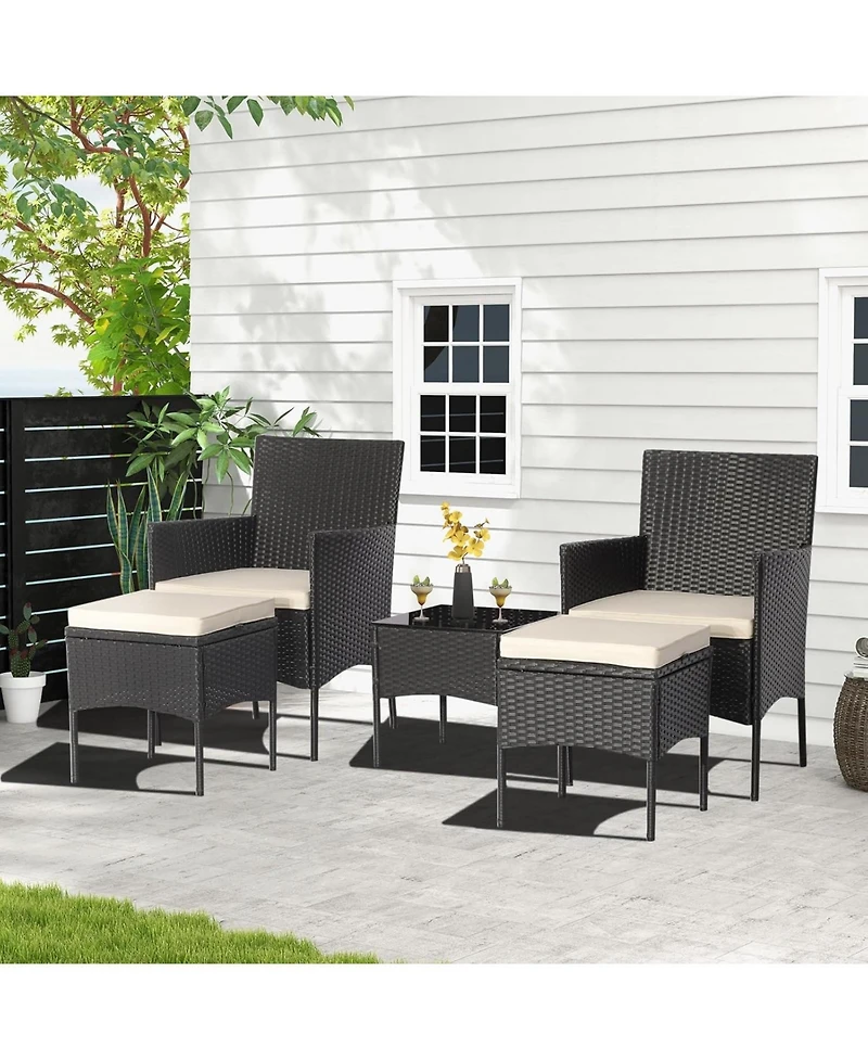 Gymax 5 Piece Patio Rattan Conversation Set Outdoor Wicker Sofa Set with 2 Ottomans