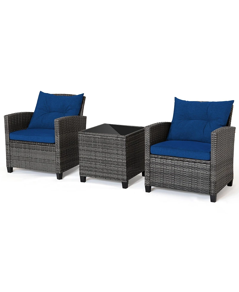 Gymax 3 Piece Patio Rattan Wicker Sofa Set w/ Cushions Glass Tabletop